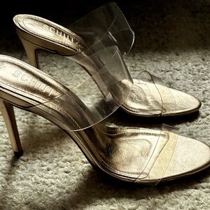 SCHUTZ  Ariella Sandals  Leather Gold/ Clear Vinyl Slip On Heel 7.5B BRAND NEW!